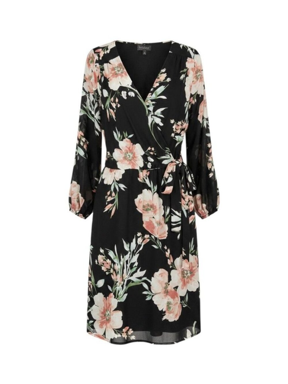Floral Black Wrap Dress With Tie Waist & Ruched Sleeves By Luxology Size 16